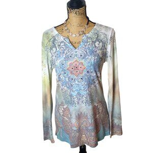 Kiara Womens Long Slv V Neck Boho Top M Multicolor Mandala Unique Moto Stretchy